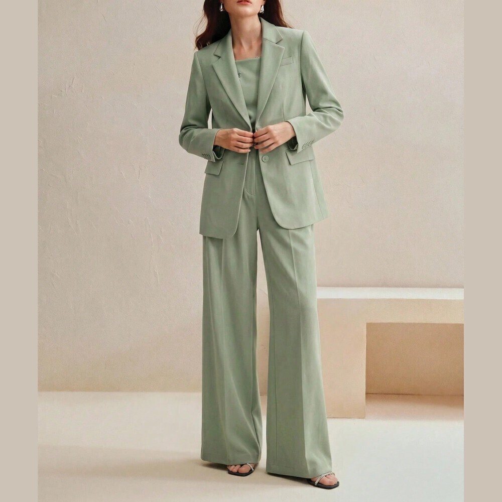 Mint Green Notched Lapel Single Button Blazer and Wide Leg Trouser Set